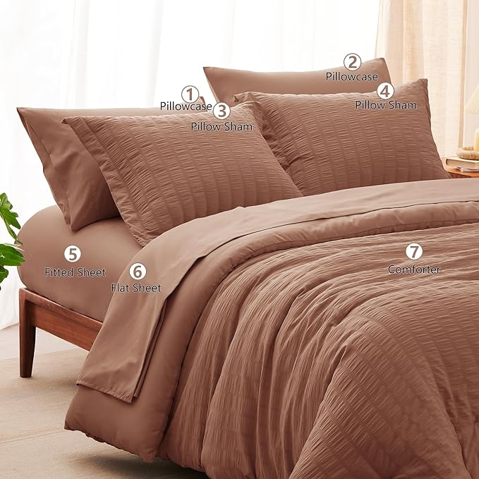 CozyLux Queen Comforter Set Mocha Mousse Seersucker 7 Pieces Bed in a Bag Queen - Image 8