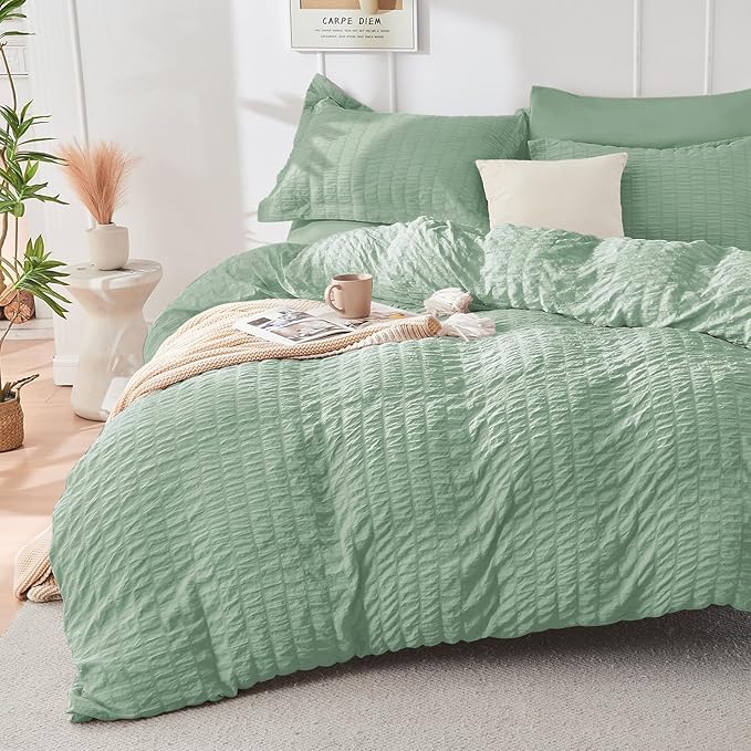HYMOKEGE Sage Green Twin Size Duvet Cover, Ultra Soft 2-Piece Seersucker Duvet by HYMOKEGE