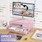 OPNICE Computer Monitor Stand Riser, Desk Organizer with Drawer, Laptop Stand, Office Desk Accessories & Workspace Desktop Organizers Storage for Office Supplies(Pink)