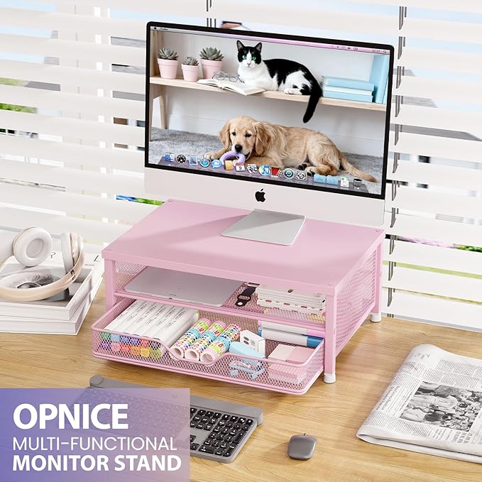 OPNICE Computer Monitor Stand Riser, Desk Organizer with Drawer, Laptop Stand, Office Desk Accessories & Workspace Desktop Organizers Storage for Office Supplies(Pink)