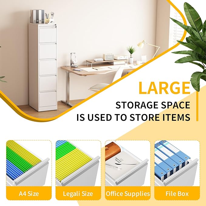 Reegangfa 5 Drawer File Cabinet with Lock, 18" D Metal Vertical Filing Cabinets, Steel File Storage Cabinets for Home Office, Hanging A4 Legal/Letter Size Narrow File Cabinet, Assembly Required