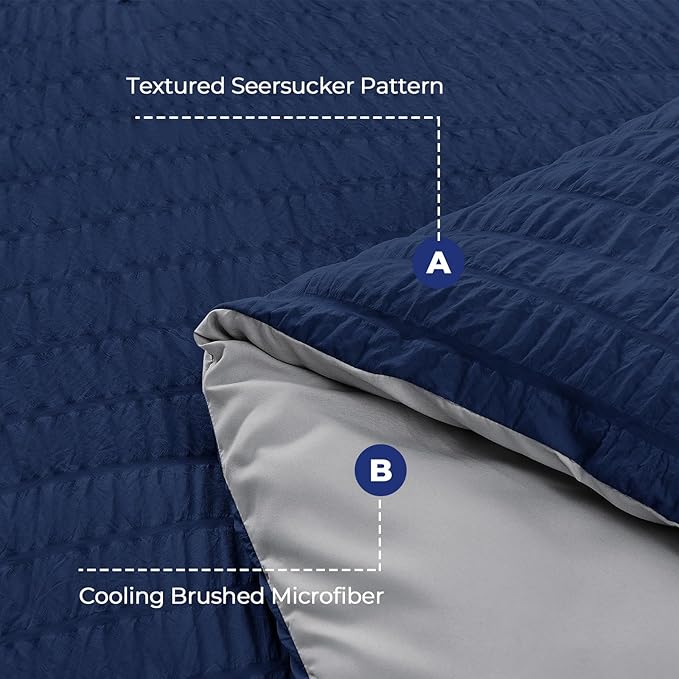 HYMOKEGE Navy Blue/Light Grey Twin XL Comforter Set Seersucker 5 Pieces - Image 4