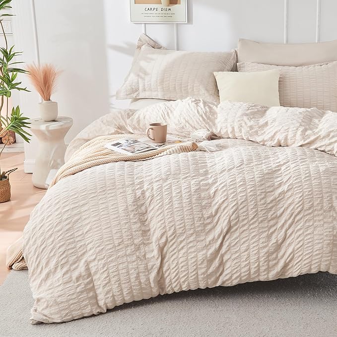HYMOKEGE Beige Twin Comforter Set Seersucker 5 Pieces, All Season Luxury Bed in - Image 3
