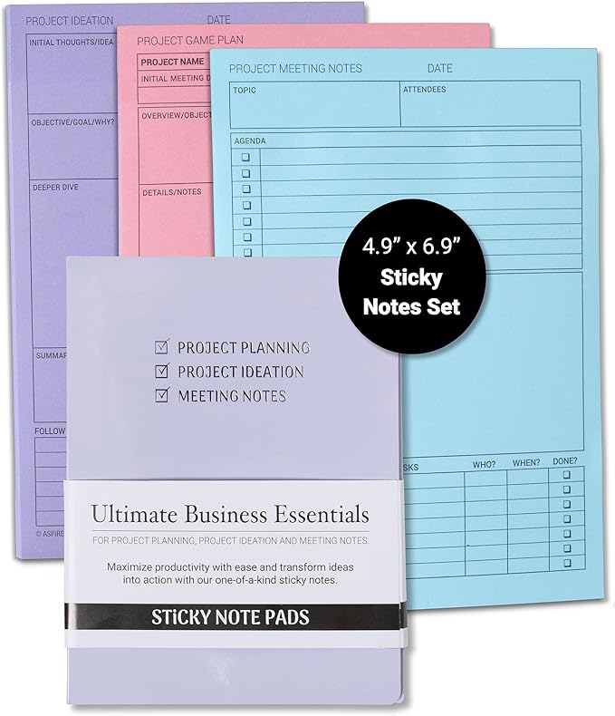 Meeting Notebook for Work & Project Planner Kit for Men and Women – 90 Large Sticky Notes for Work Organization, Project Management, Business Professionals & Work Planners