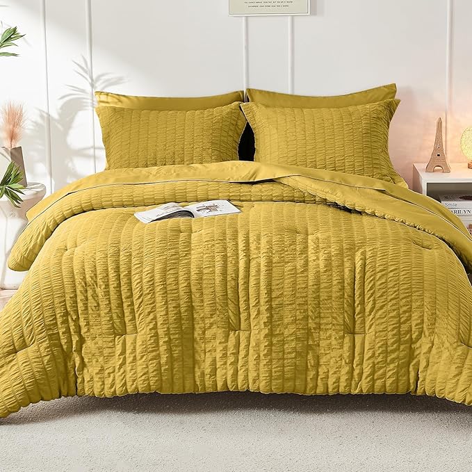 HYMOKEGE Mustard Yellow King Size Comforter Set Seersucker 7 Pieces, All Season - Image 9