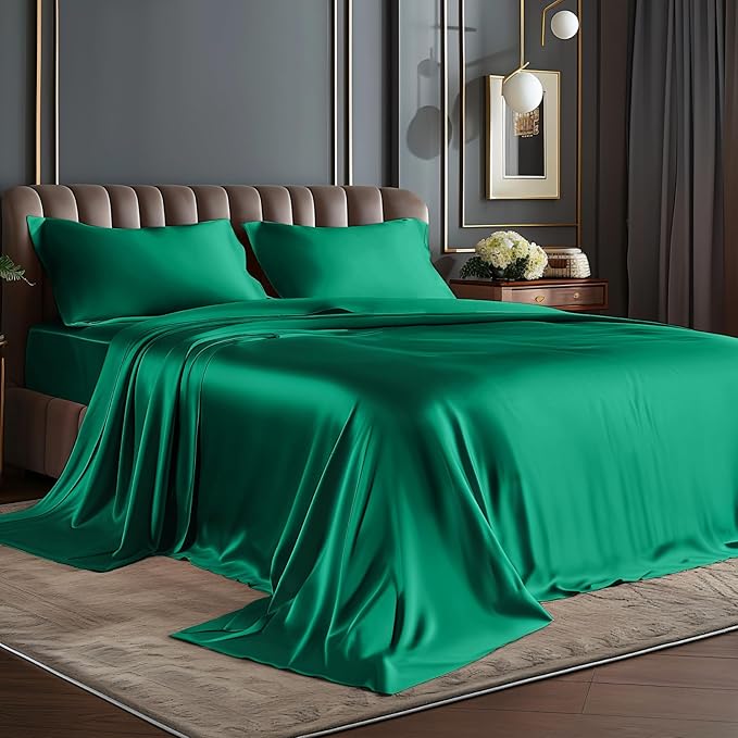 BEDELITE Satin Sheets Twin XL Size Bed Set, Luxury Soft Dark Green Sheets by BEDELITE