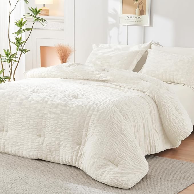 HYMOKEGE Ivory King Size Comforter Set Seersucker 7 Pieces, All Season Luxury - Image 8