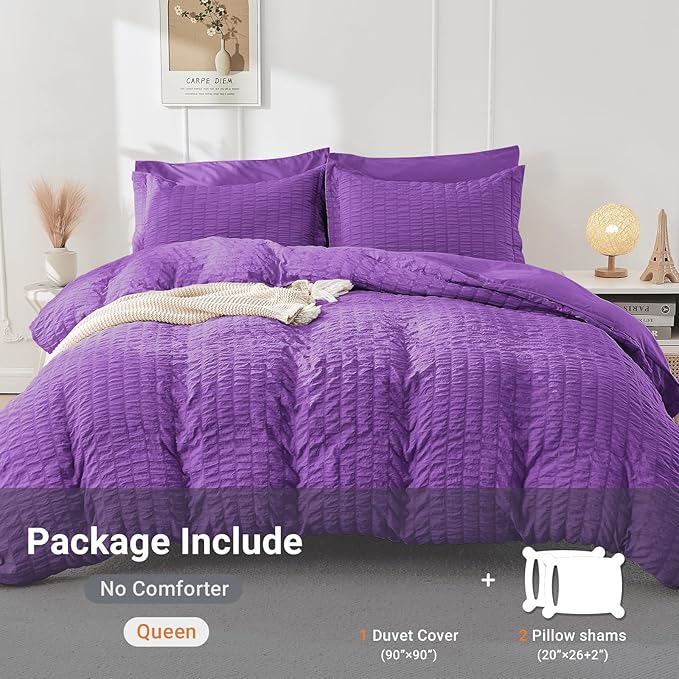 HYMOKEGE Dark Purple Duvet Cover Full Size, Ultra Soft 3-Piece Seersucker Duvet - Image 5