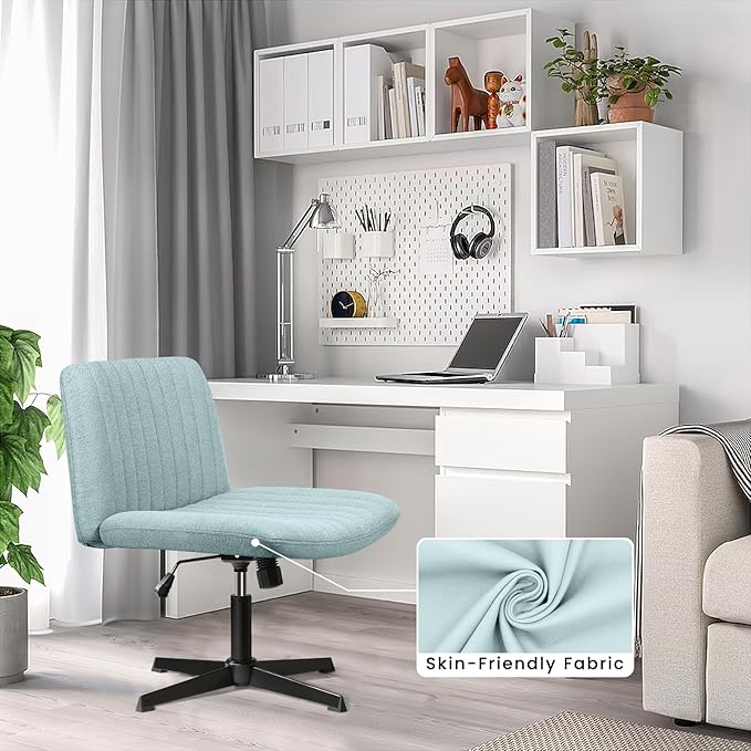 PUKAMI Criss Cross Chair,Armless Cross Legged Office Desk Chair No Wheels,Fabric Padded Modern Swivel Height Adjustable Mid Back Wide Seat Computer Task Vanity Chair for Home Office(Mint Green)