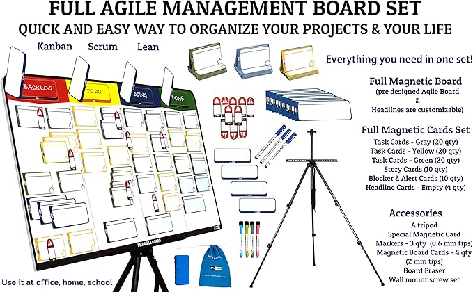 pmxboard Project Management Board Set, Combo Kit X. Agile Management Bundle Project Board Kit. Project Management Planner Toolkit. Full Magnetic Kanban Board Set, Desktop Kanban Board Set, 2 in 1