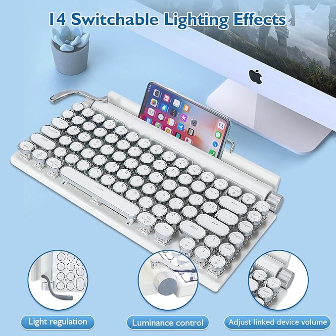 Adventurers Retro Typewriter Keyboard, 75% Layout 83 Keys Wireless Keyboard with Blue Switch,Bluetooth 5.0 and Multi-Device Switching,Vintage Punk Style,Hot-Swappable for PC/Laptops/Mac/ipad-White