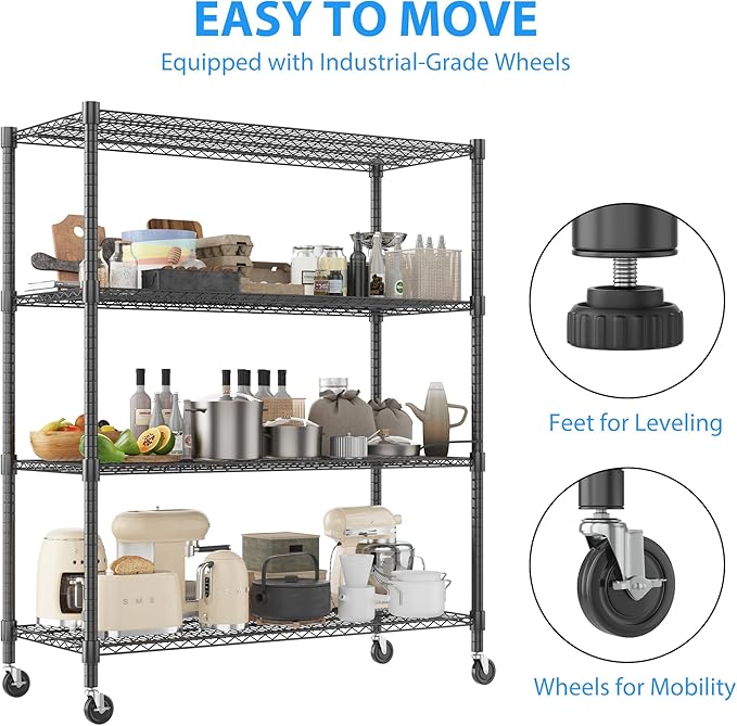 Homdox 60”W Storage Shelves, 4 Tier Heavy Duty Wire Shelving Unit with Wheels, 2400LBS Commercial Adjustable Metal Shelves for Storage, Garage Rack Pantry Shelves Kitchen Shelving, 24"x60"x72", Black