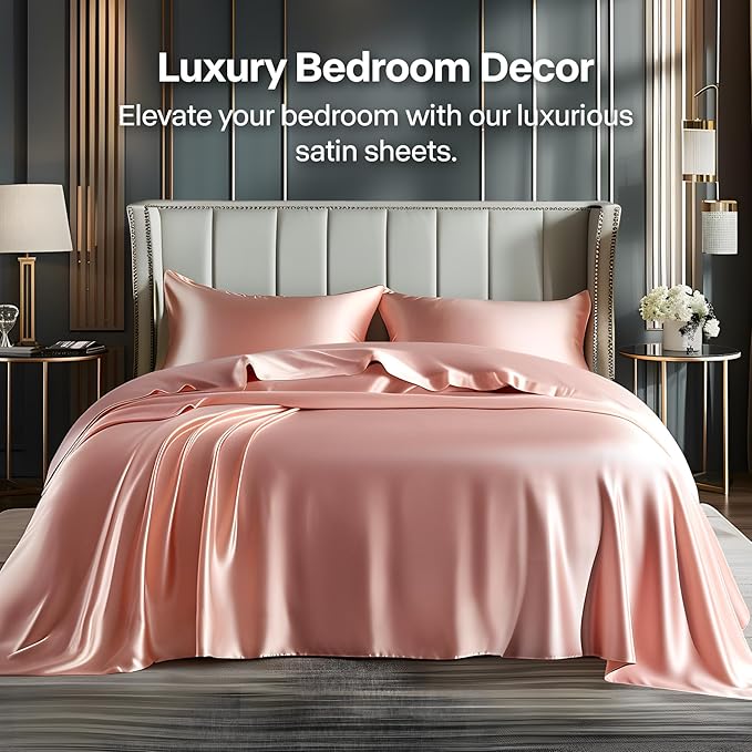 BEDELITE King Size Sheets Set, Luxury Soft Rose Pink Satin Sheets - Image 2