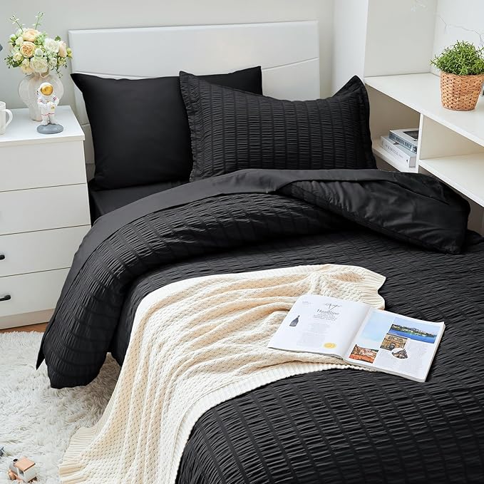 HYMOKEGE Black Twin XL Comforter Set Seersucker 5 Pieces, All Season Luxury Bed - Image 2