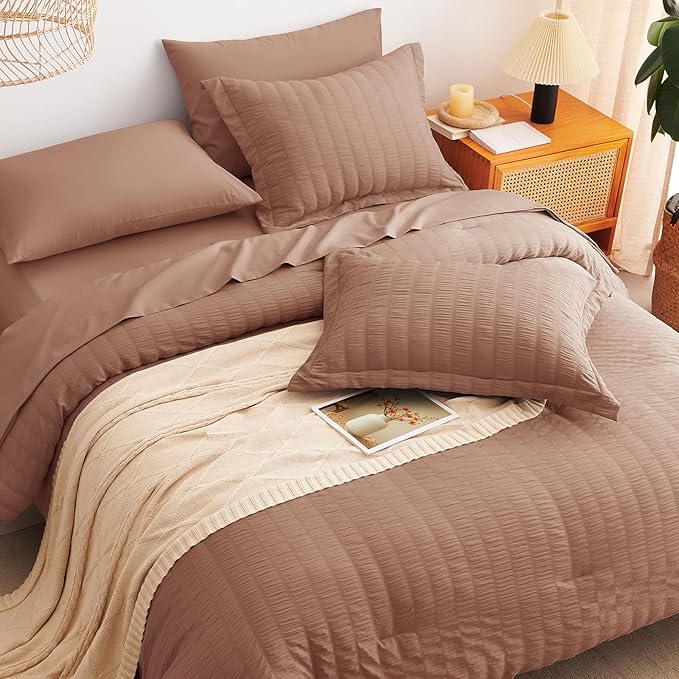 CozyLux Queen Comforter Set Mocha Mousse Seersucker 7 Pieces Bed in a Bag Queen - Image 6