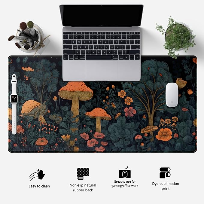 Mushroom Retro Mouse pad Desk Mat Dark Vintage Floral Forest Pad XXL, Aesthetic Botanical Desk Pad Office Desk Decor Accessories Mousepads for Laptop Computer Keyboard Mat 31.5x15.8 in