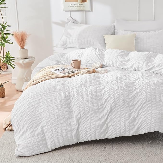HYMOKEGE White King Size Comforter Set Seersucker 7 Pieces, All Season Luxury - Image 2