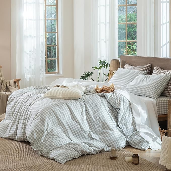 MooMee Gingham Duvet Cover Set 100% Washed Cotton Linen Like Textured - Image 4