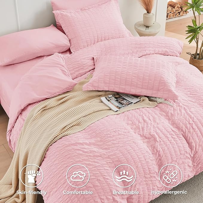 HYMOKEGE Pink King Size Comforter Set Seersucker 7 Pieces, All Season Luxury - Image 3