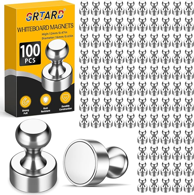 Grtard 100 Pack Magnetic Push Pins, Fridge Magnets for Whiteboard, Whiteboard Magnets Refrigerator Magnets, Small and Strong Push Pin Magnet for Office, School, Locker, and Map Magnet (Silver)