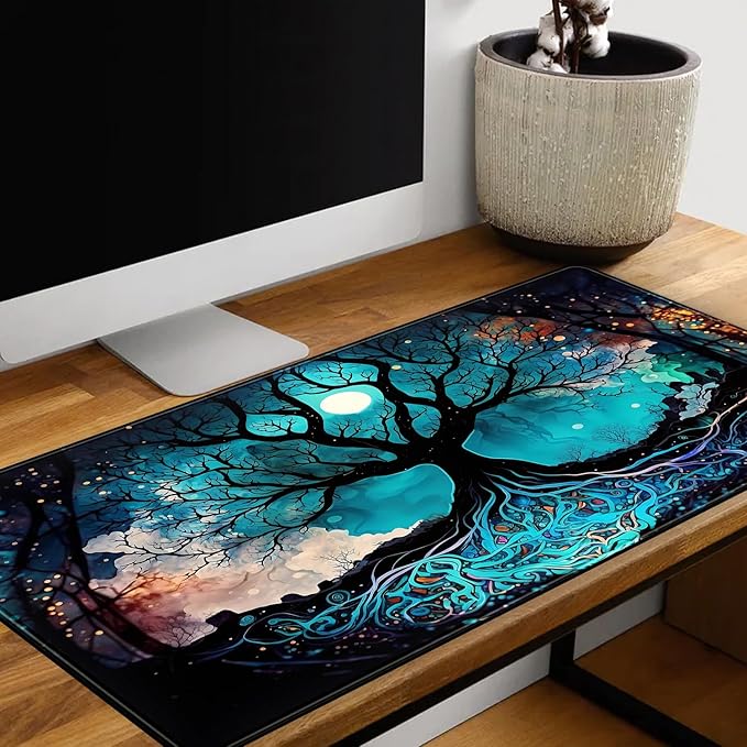 Vintage Blue AI Original Desk Mat Life Tree Aesthetics Desk Pad Large Flower Mouse Pad XXL Plant Mousepad Extended Laptop Computer Keyboard Mat Office Desk Decor 31.5x15.8 in-with Stitched Eges