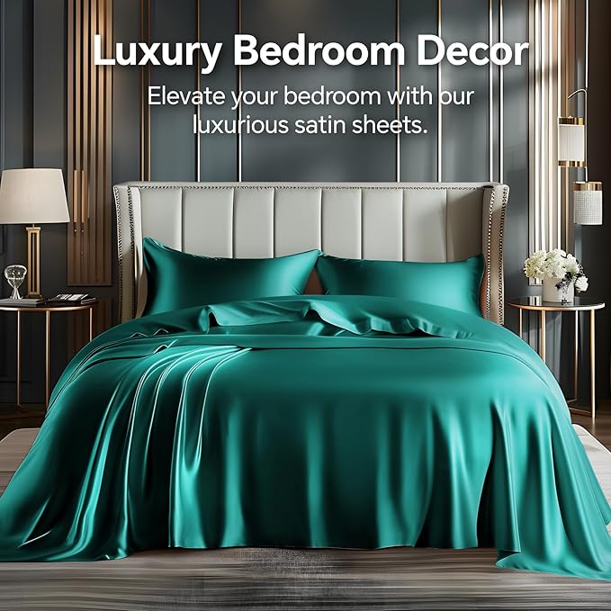 BEDELITE Satin Sheets Full Size Bed Set, Luxury Soft Teal Silky Sheet - Image 2