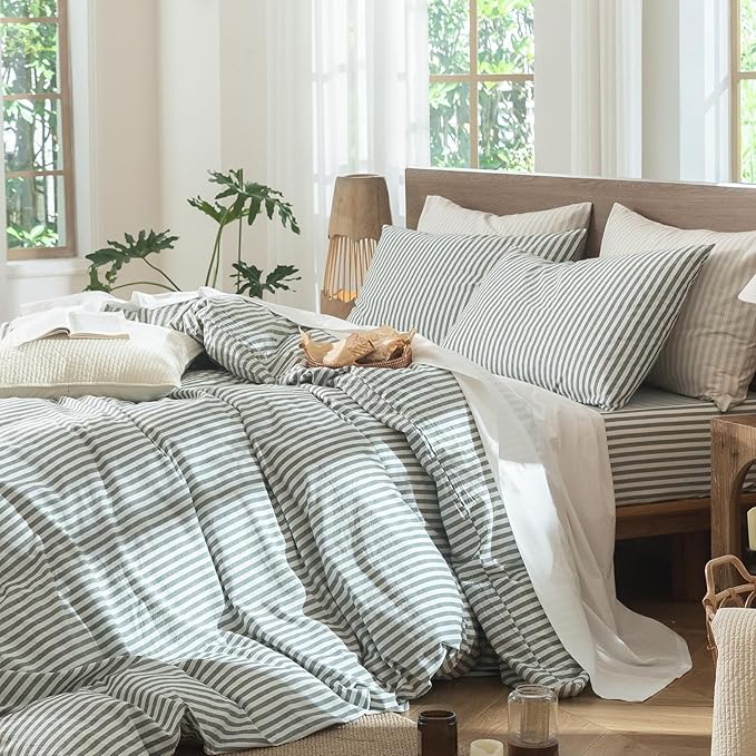 MooMee Striped Duvet Cover Set 100% Washed Cotton Linen Like Textured - Image 7