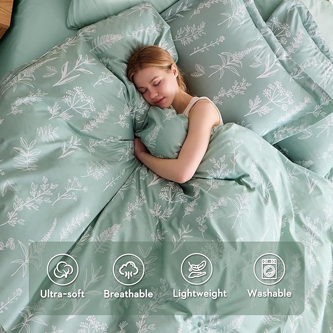 MUXHOMO Duvet Cover King Size, Reversible Floral Green Duvet Cover Set - Image 2