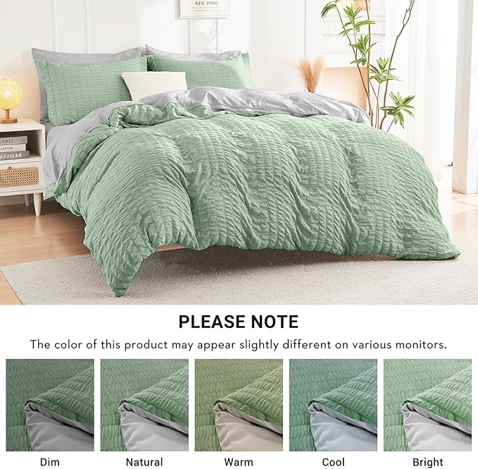 HYMOKEGE Sage Green/Light Grey California King Comforter Set Seersucker 7 Pieces - Image 5