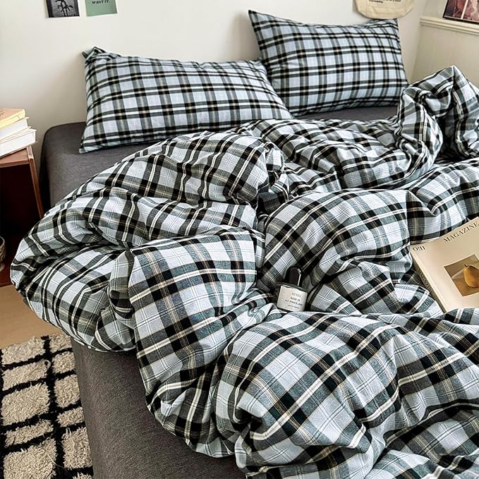 mixinni Vintage Grey & Pale Blue Buffalo Plaid Duvet Cover Set Full Size by mixinni