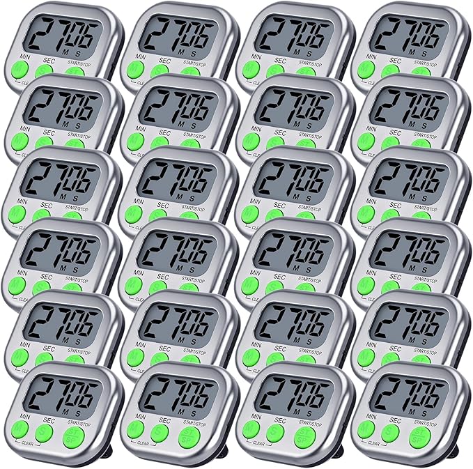 Leumoi 24 Pcs Digital Kitchen Timers Magnetic Back Timers Bulk Large Screen Loud Alarm On/Off Switch Minute Second Count up Countdown Memory Setting for Cooking Classroom Exercise (Sliver and Green)