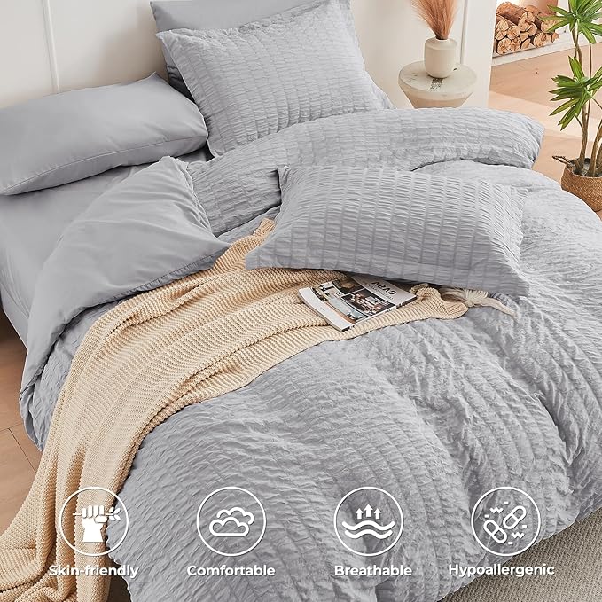 HYMOKEGE Light Grey Twin Size Duvet Cover, Ultra Soft 2-Piece Seersucker Duvet - Image 2