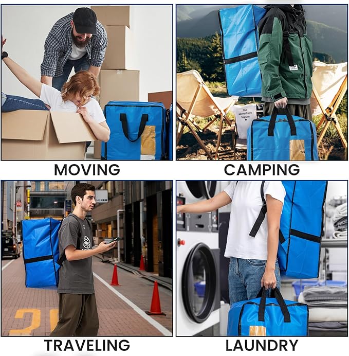 TAILI 4 Pack Blue Moving Bags w/Adjustable Backpack Straps, Moving Supplies, Moving Boxes Alternative, Heavy Duty Storage Totes for College Packing, Camping Backpack for Travel, Dorm, Laundry