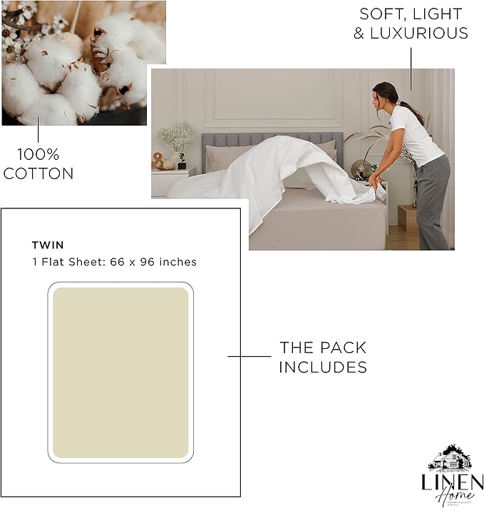 Linen Home 100% Cotton Percale 1 Flat Sheet, Twin Size - Image 6