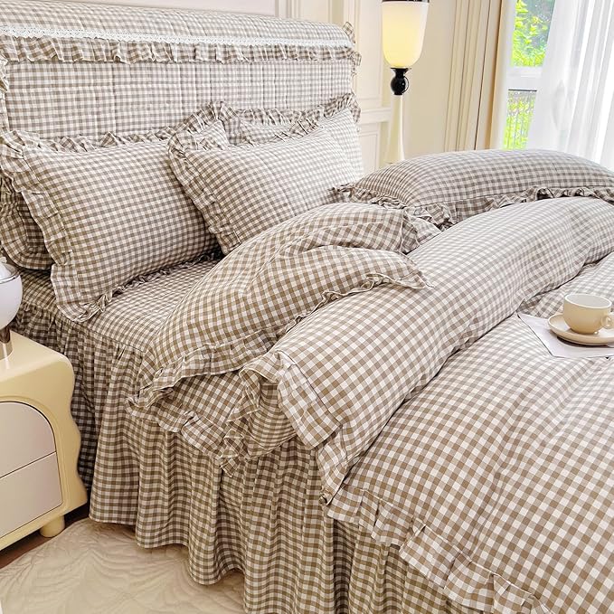 mixinni Tan Gingham Ruffle Duvet Cover Queen Size 3 Pieces – 100% Washed Cotton - Image 2