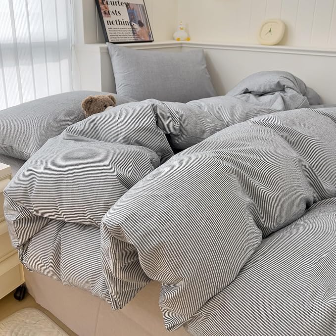 mixinni Grey Striped Duvet Cover Queen Size - Image 2