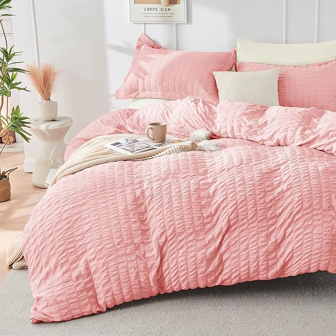 HYMOKEGE Pink/Ivory Duvet Cover King Size, Ultra Soft 3-Piece Seersucker Duvet by HYMOKEGE