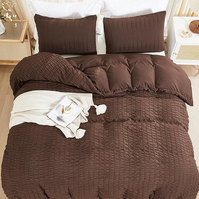 AveLom Brown Duvet Cover Cal King, 3 Pieces, Seersucker Striped Soft Washed - Image 7