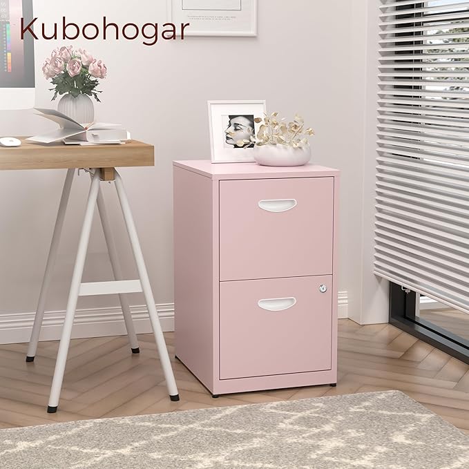 Kubohogar 2 Drawer File Cabinet with Lock,Pink Metal Filing Cabinets,Vertical Locking File Cabinet Fit Hanging Files, Letter,File Box and A4 Documents(Pink)