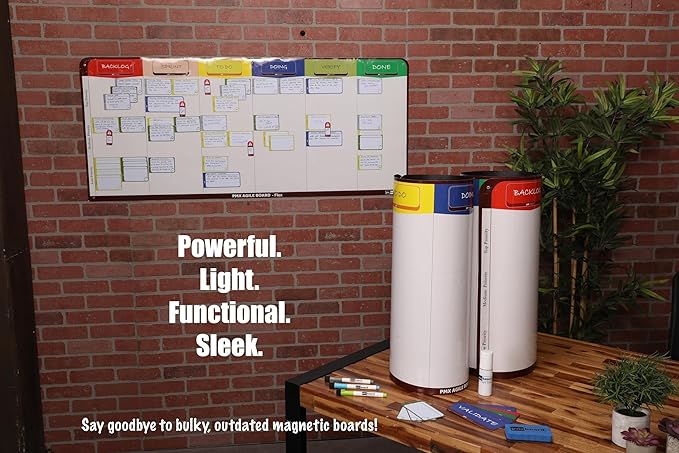 PMXBOARD 6 Column Magnetic Kanban Board, Scrum Board Flex Whiteboard Kit. Agile Kit, 106 Magnetic Kanban Card Kit, Scrum Card Set. Project Management Board for Project Planning, Scrum Whiteboard Kit