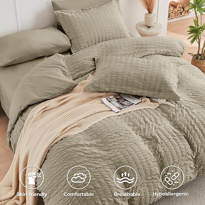 HYMOKEGE Linen California King Comforter Set Seersucker 7 Pieces, All Season - Image 3
