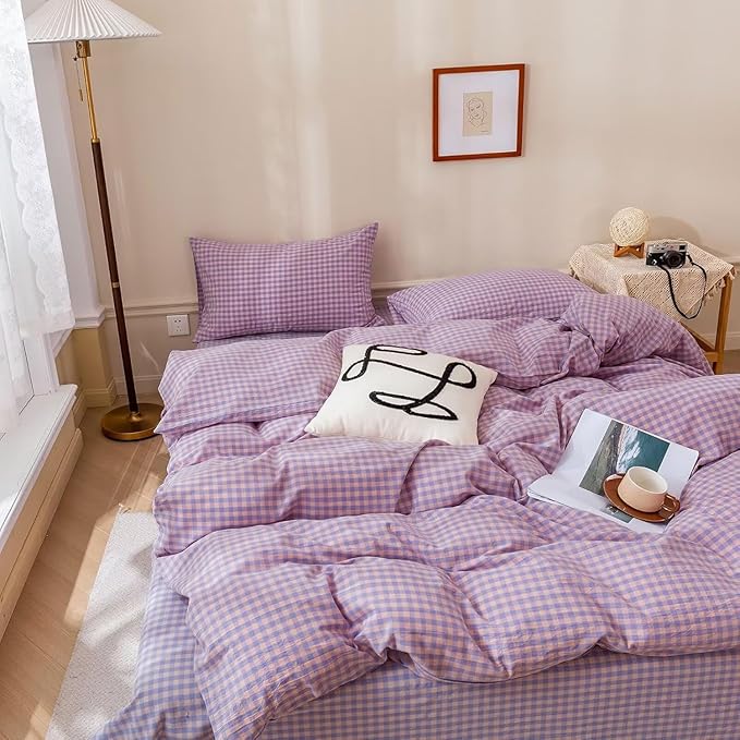 mixinni Purple Gingham Grid Duvet Cover Twin, 100% Washed Cotton Modern - Image 3
