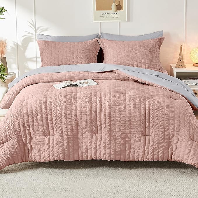 HYMOKEGE Rose Gold/Light Grey King Size Comforter Set Seersucker 7 Pieces - Image 9