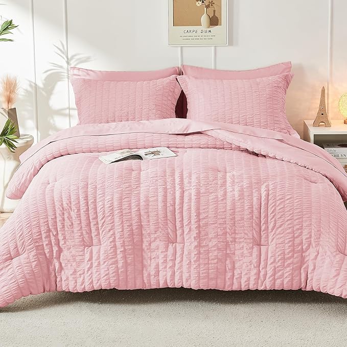 HYMOKEGE Pink King Size Comforter Set Seersucker 7 Pieces, All Season Luxury - Image 9