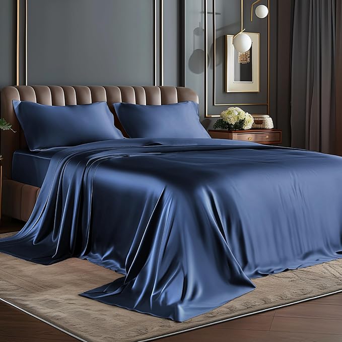 BEDELITE Satin Sheets Queen Size Bed Set, Luxury Soft Navy Silky Sheets by BEDELITE
