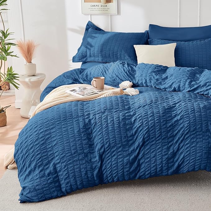 HYMOKEGE Teal Duvet Cover Queen Size, Ultra Soft 3-Piece Seersucker Duvet Cover - Image 5