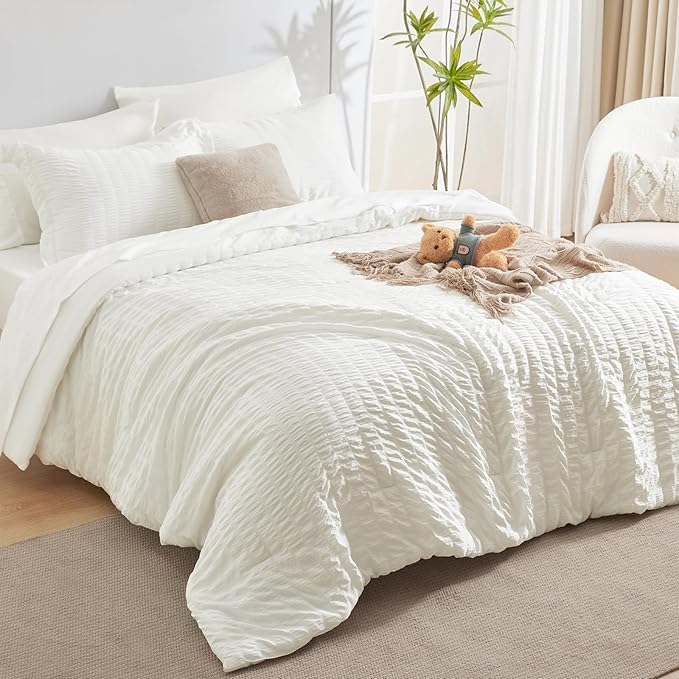 CozyLux King Size Comforter Set Ivory Seersucker 7 Pieces Bed in a Bag King - Image 8