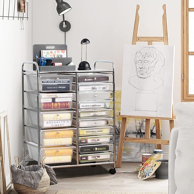 GOFLAME 15-Drawer Rolling Storage Cart, Craft Storage Cart with Removable Drawers & Lockable Wheels, Art Cart Supply Storage Organizer for Home Office Classroom, Clear