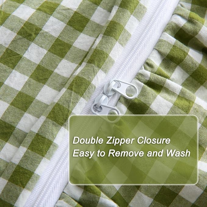 Silnuo Olive Green/White Checkered Ruffle 3-Piece Duvet Cover Set Full Size - Image 6