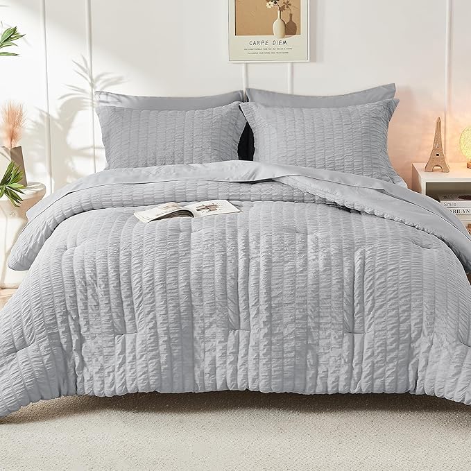 HYMOKEGE Light Grey California King Comforter Set Seersucker 7 Pieces, All - Image 9